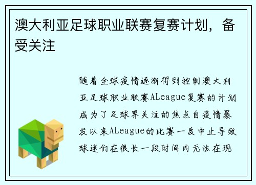 澳大利亚足球职业联赛复赛计划，备受关注