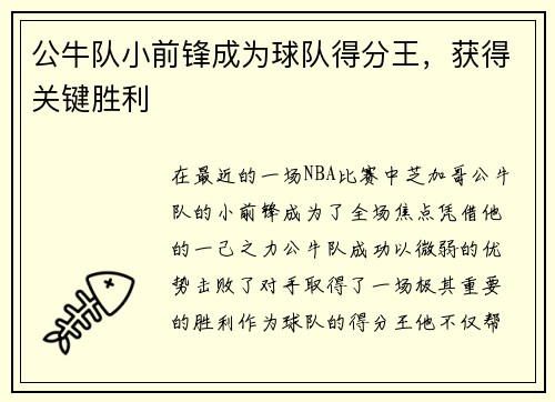 公牛队小前锋成为球队得分王，获得关键胜利