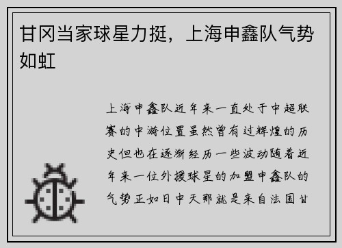 甘冈当家球星力挺，上海申鑫队气势如虹