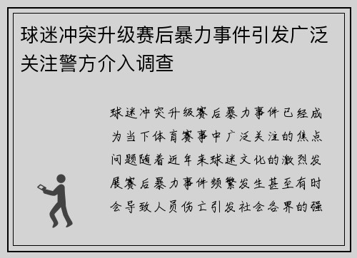 球迷冲突升级赛后暴力事件引发广泛关注警方介入调查