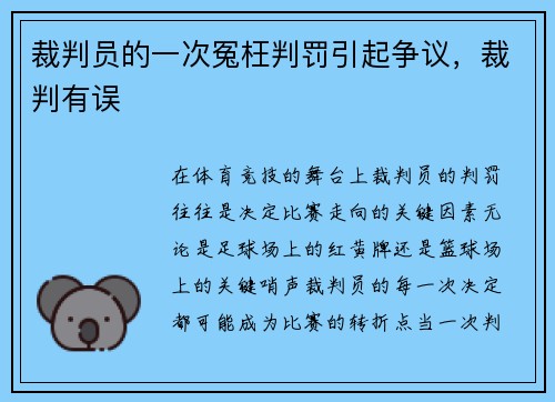 裁判员的一次冤枉判罚引起争议，裁判有误